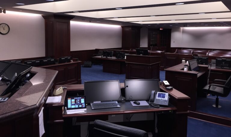 Audio-Visual Court Room image with monitors and technology