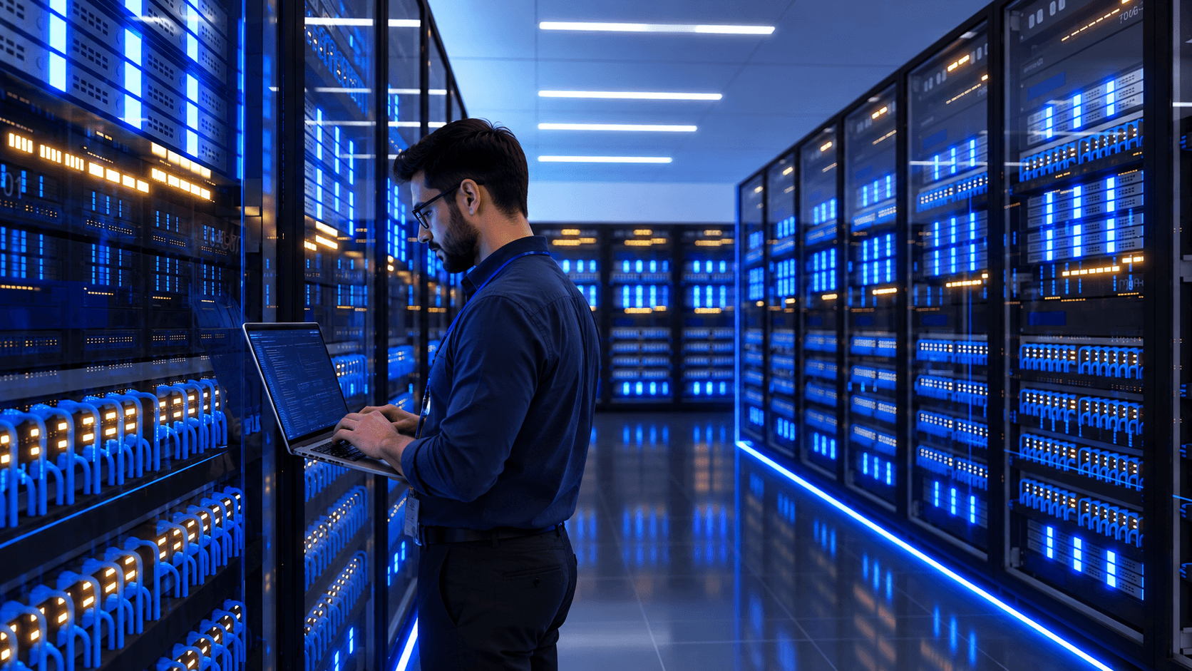 man working on a laptop in a data storage facility